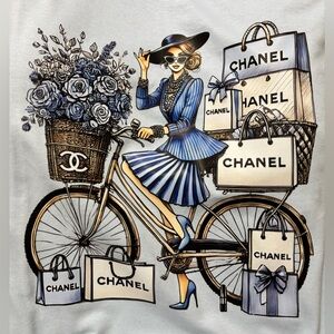 NEW Size XL CHANEL Blue and Gold Bicycle Shopper Graphic Tee